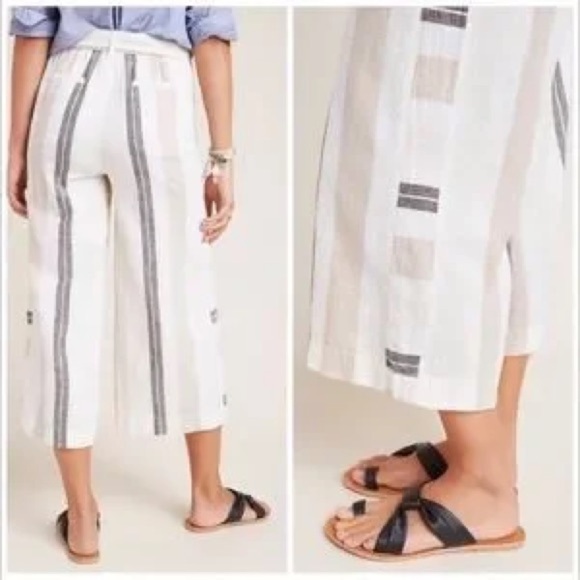 Anthropologie Shorebound Cropped Linen Wide-Leg Pants Medium tan cream striped - Picture 2 of 11